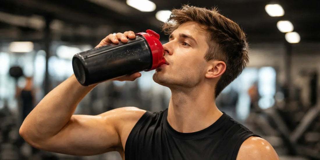 Man drinking pre-workout shake at gym, representing top nitric oxide supplements and preworkout supplement facts for boosting workout performance.