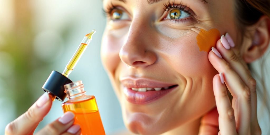 Woman applying vitamin C serum to cheek.