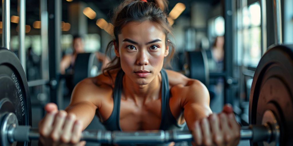 Person lifting weights in gym with supplements