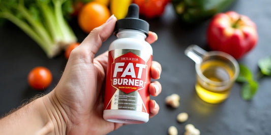 Person holding liquid fat burner bottle with fruits